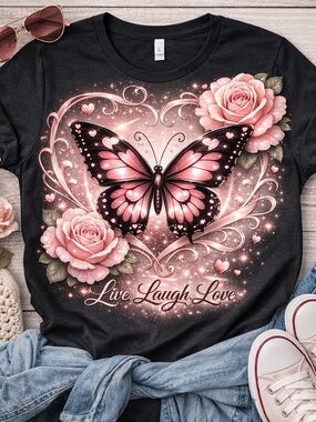 Live Laugh Love Women's Black Tee with Pink Butterfly and Rose Graphic